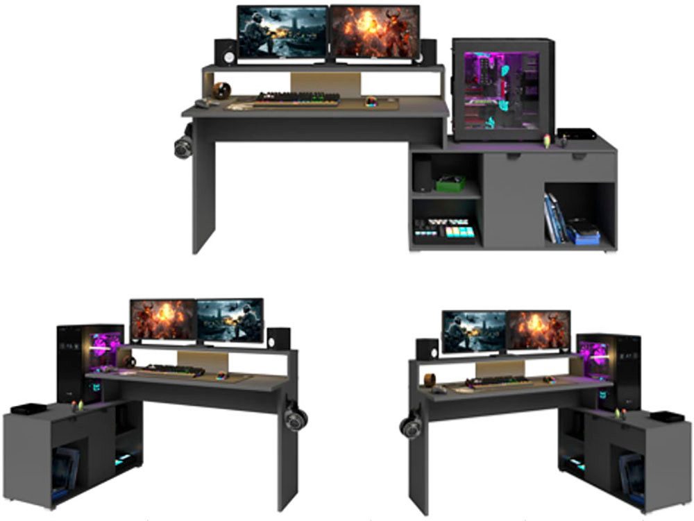 Parisot Work 11 Gaming Tisch 2-teilig – Gaming Eckschreibtisch mit LED Farbwechsel, Headsethalter & Fächern