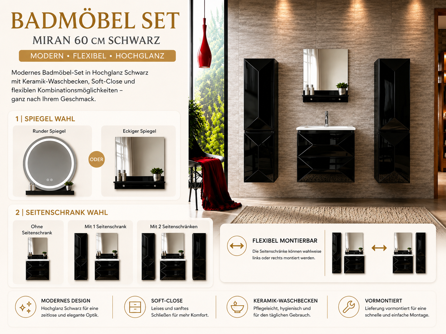 Miran Badmöbel-Set 60 cm Schwarz Hochglanz – Spiegel & Seitenschränke wählbar