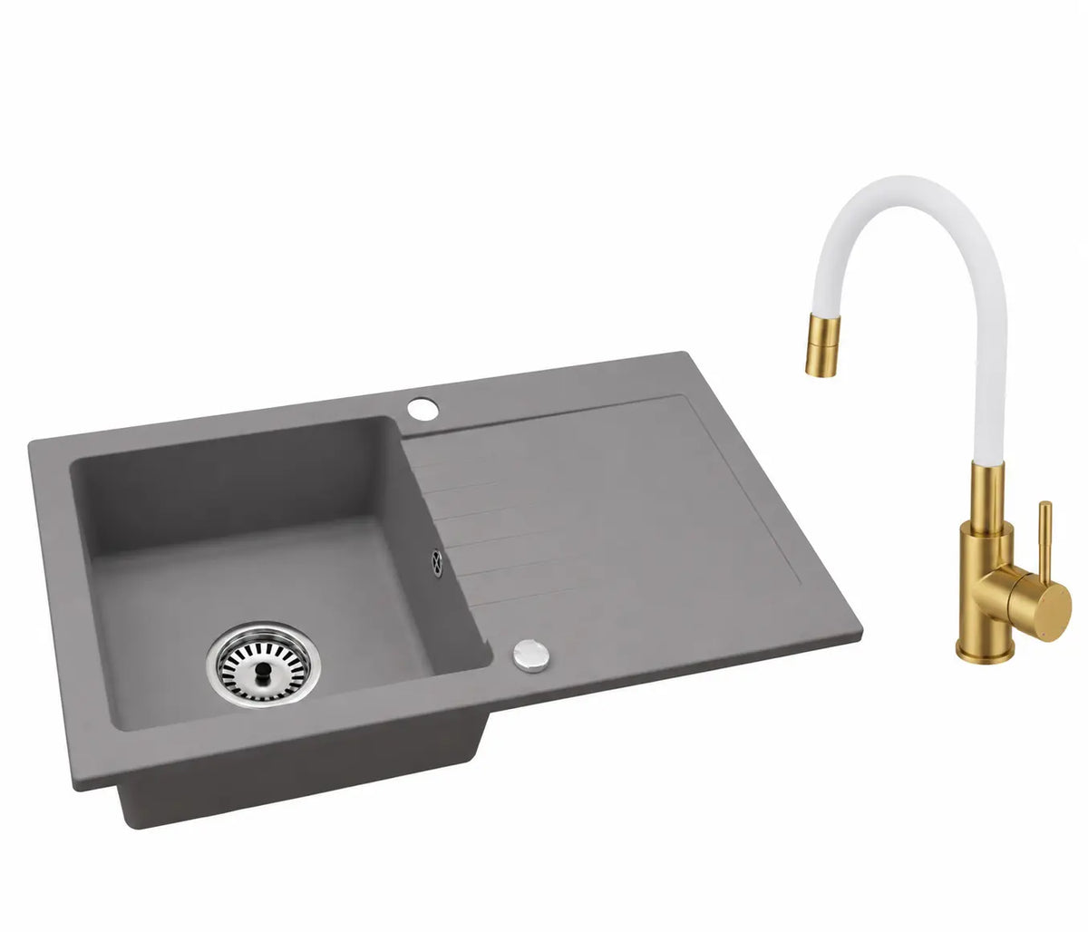 Granitspüle Alisha 75x43,5 cm mit Abtropffläche – Einbauspüle beidseitig montierbar, inkl. Siphon Mit Armatur