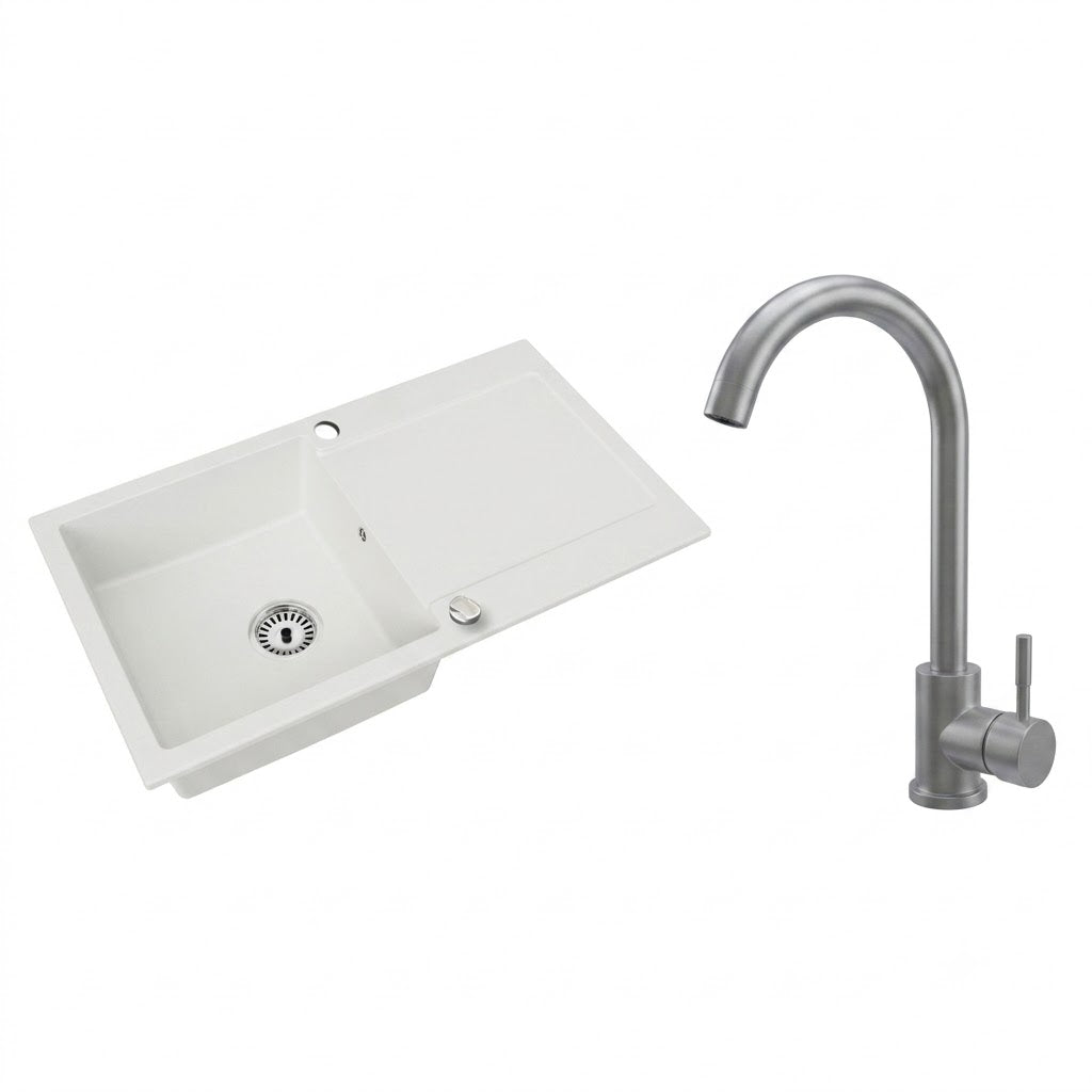 Granitspüle Element mit Abtropffläche – Einbauspüle beidseitig montierbar, inkl. Siphon Mit Armatur