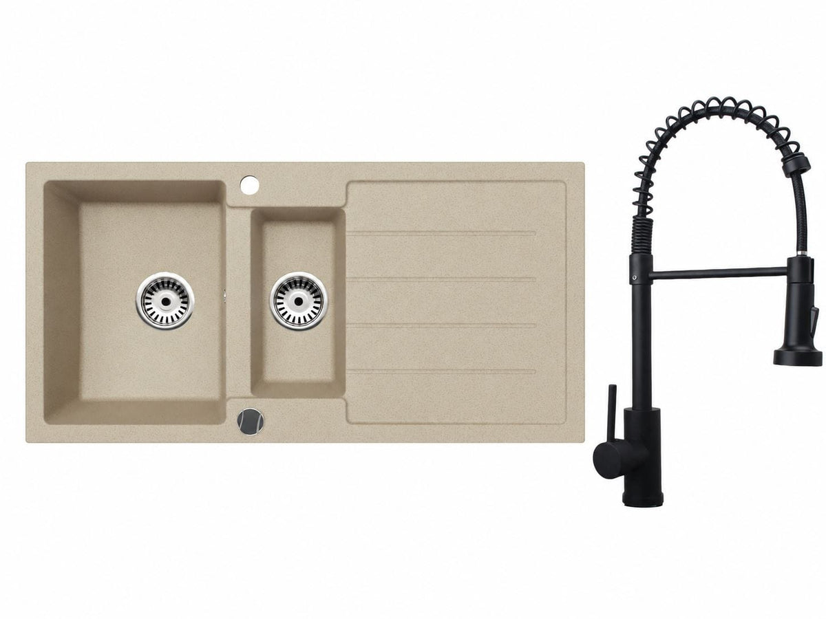 Faizee Home Granitspüle 100 × 50 cm mit 1,5 Becken – inkl. wählbarer Armatur & Siphon-Set