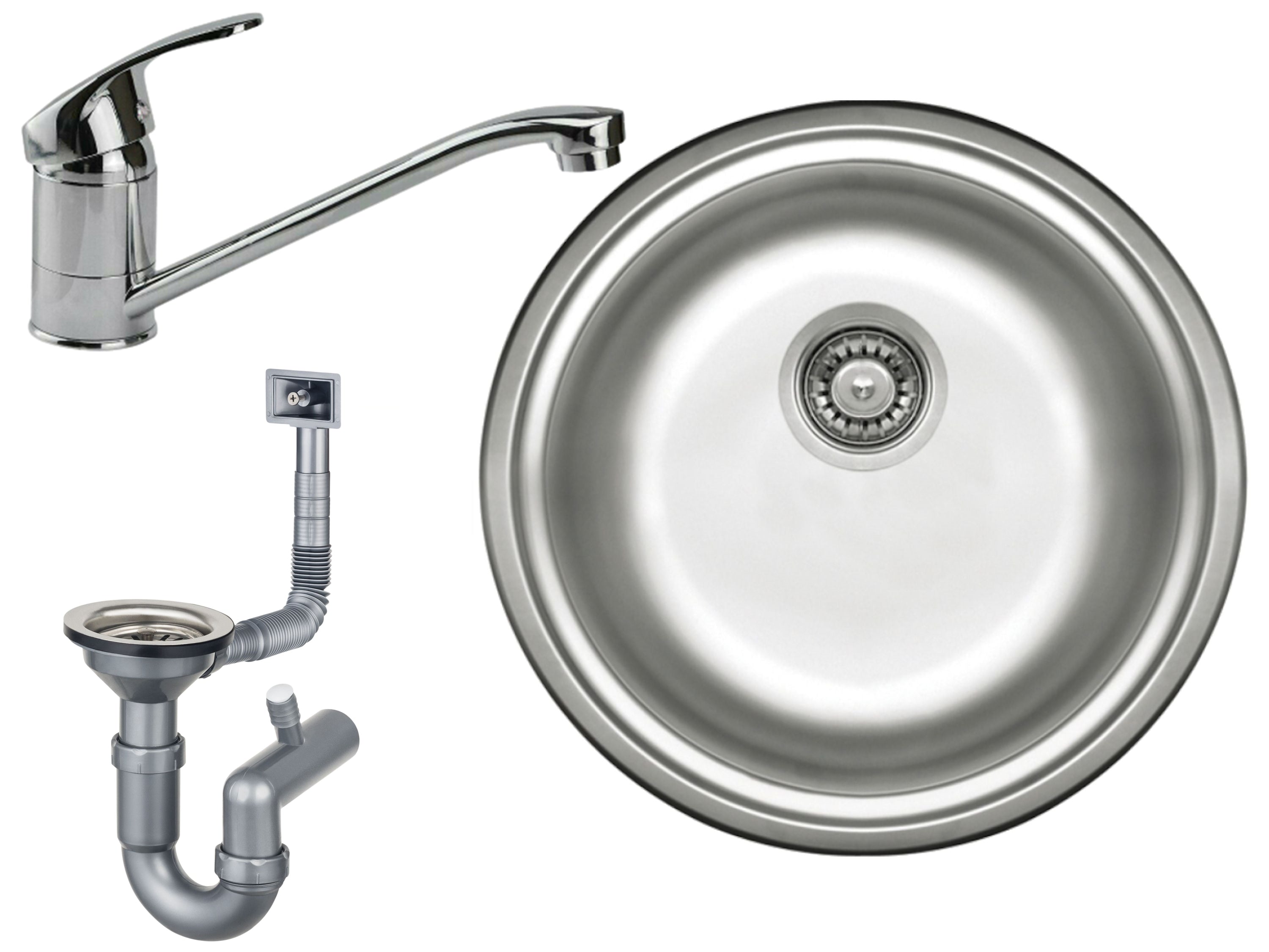 Eingebaute Edelstahlspüle in verschiedenen Größen, inklusive Siphon-Set und Armaturen