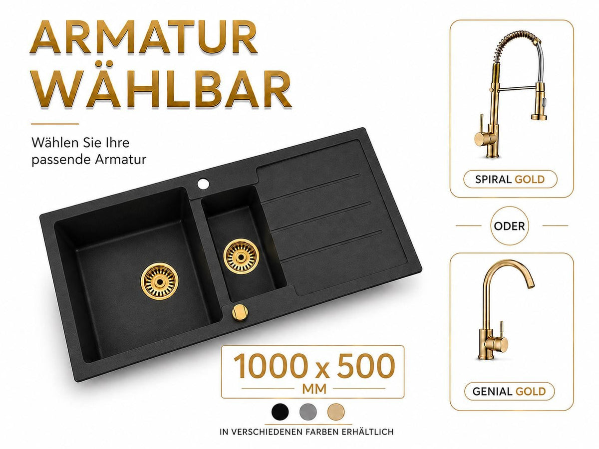 Faizee Home Granitspüle Napoli 100 × 50 cm – Gold-Siphon & Armatur wählbar