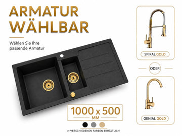 Faizee Home Granitspüle Napoli 100 × 50 cm – Gold-Siphon & Armatur wählbar
