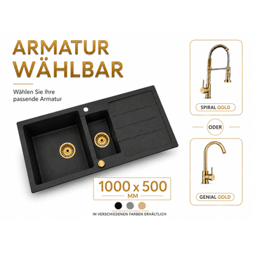 Faizee Home Granitspüle Napoli 100 × 50 cm – Gold-Siphon & Armatur wählbar