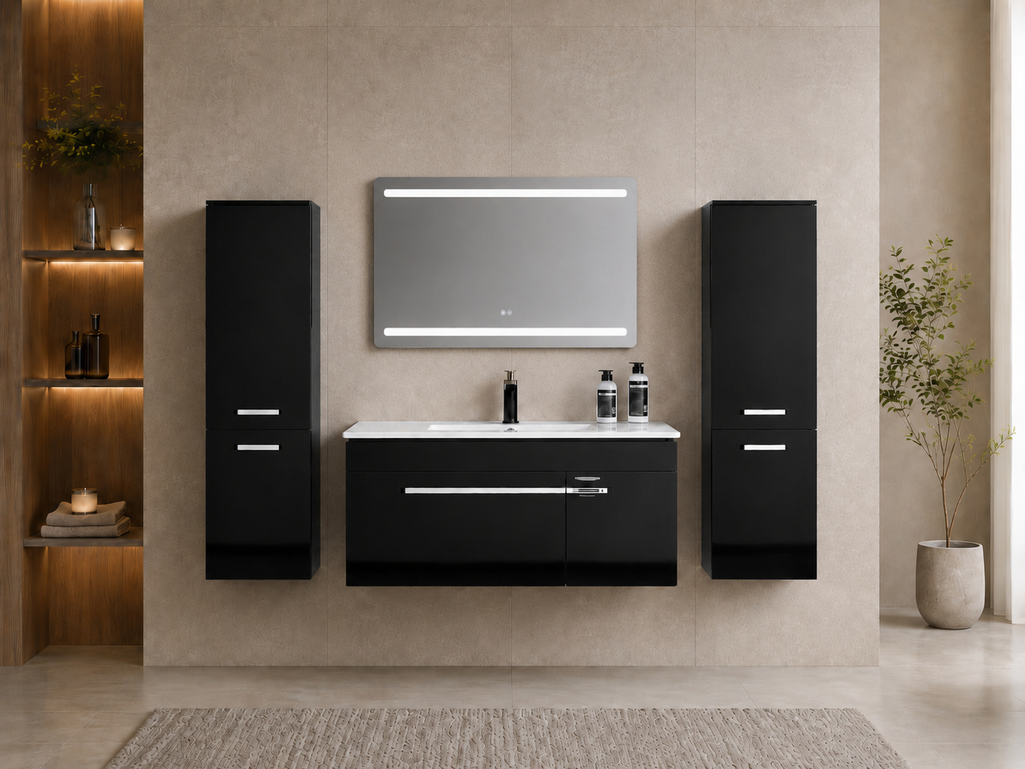 Faizee Home Badmöbelset 90 cm Schwarz Hochglanz inkl. Keramik-Waschbecken, LED-Spiegel & optionalen Seitenschränken