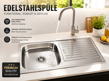 Faizee Home Edelstahlspüle mit Abtropffläche – Mit Siphon & Abfluss-System – Ohne Armatur