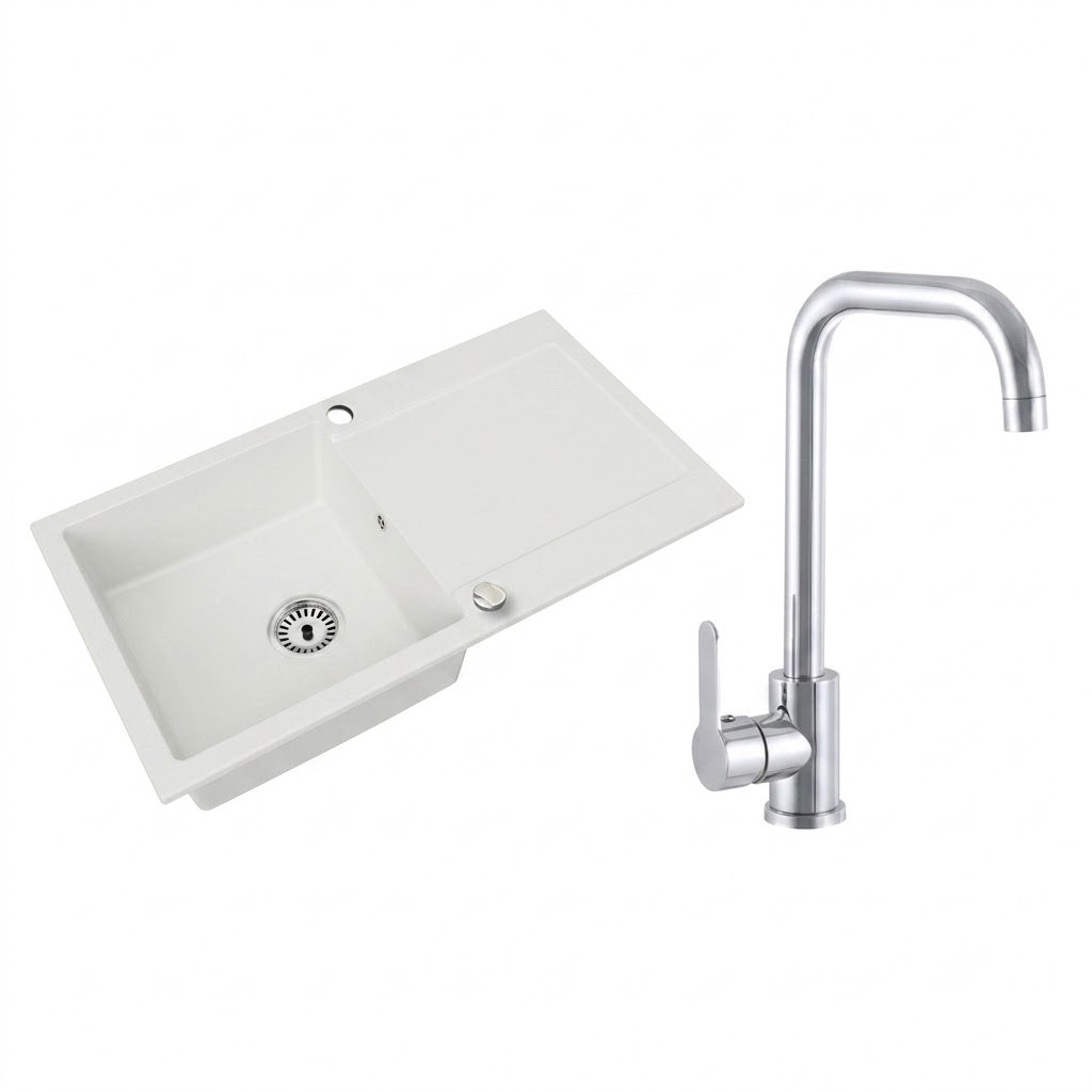 Granitspüle Element mit Abtropffläche – Einbauspüle beidseitig montierbar, inkl. Siphon Mit Armatur