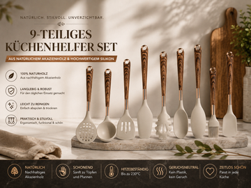 Faizee Home Silikon-Küchenhelfer-Set 10-teilig – Hitzebeständig – Holzoptik-Griffe – Vielseitiges Kochbesteck