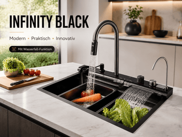 Faizee Home Infinity Edelstahlspüle 75 × 46 cm Schwarz – Mit Armatur, Glasspüler, Seifenspender & Siphon
