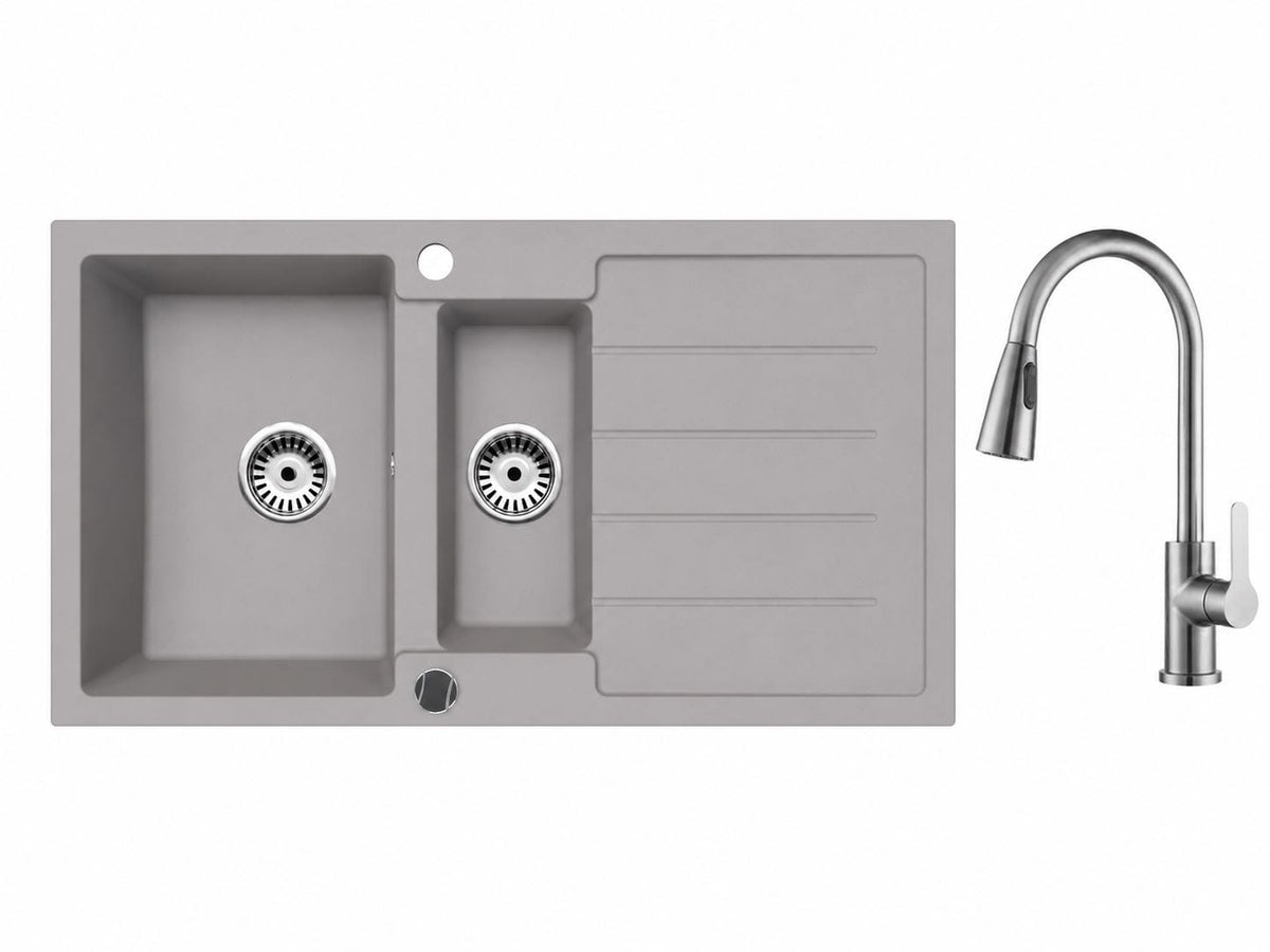 Faizee Home Granitspüle 100 × 50 cm mit 1,5 Becken – inkl. wählbarer Armatur & Siphon-Set