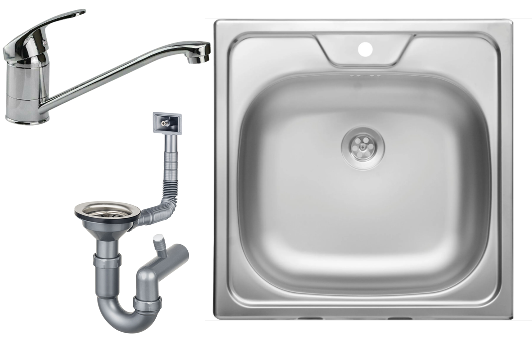 Eingebaute Edelstahlspüle in verschiedenen Größen, inklusive Siphon-Set und Armaturen