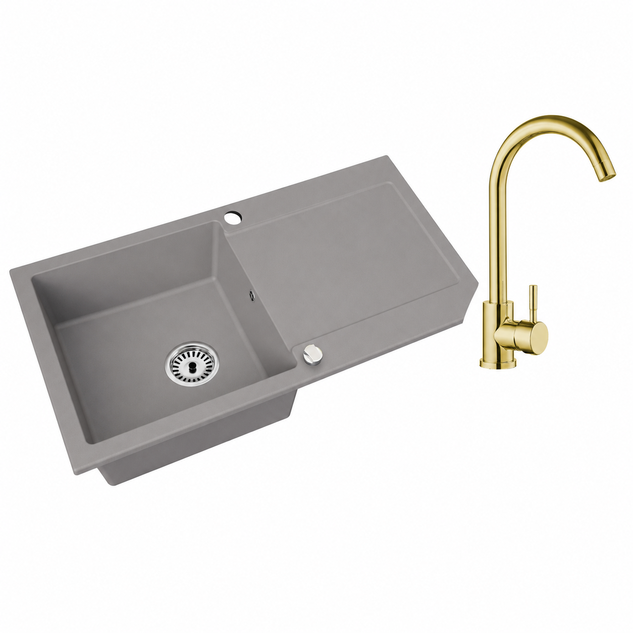 Granitspüle Element mit Abtropffläche – Einbauspüle beidseitig montierbar, inkl. Siphon Mit Armatur
