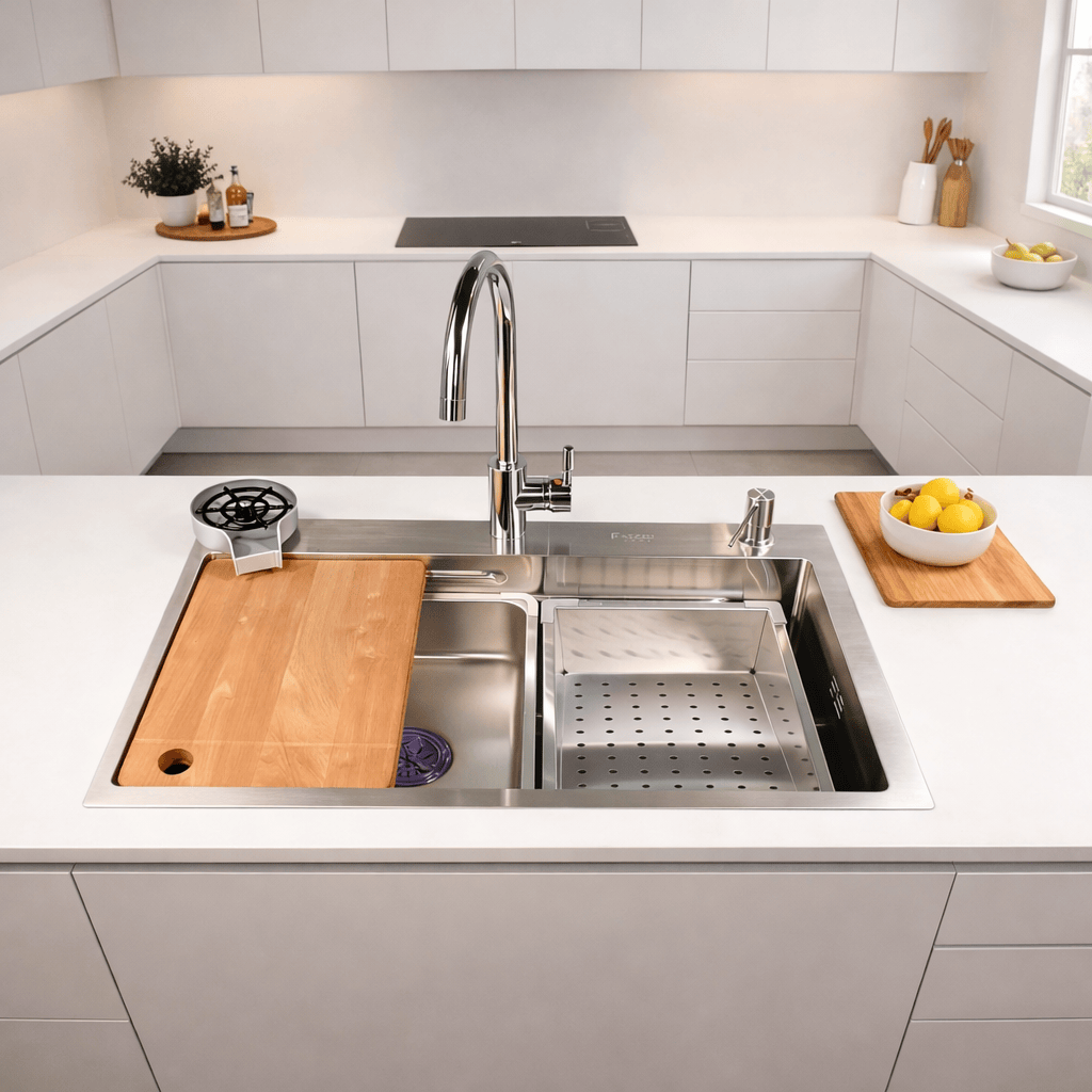 Faizee Home Quantum Edelstahlspüle 75 × 45 × 23 cm – Workstation mit Armatur, Glasreiniger & Zubehör – Graphit oder Silber