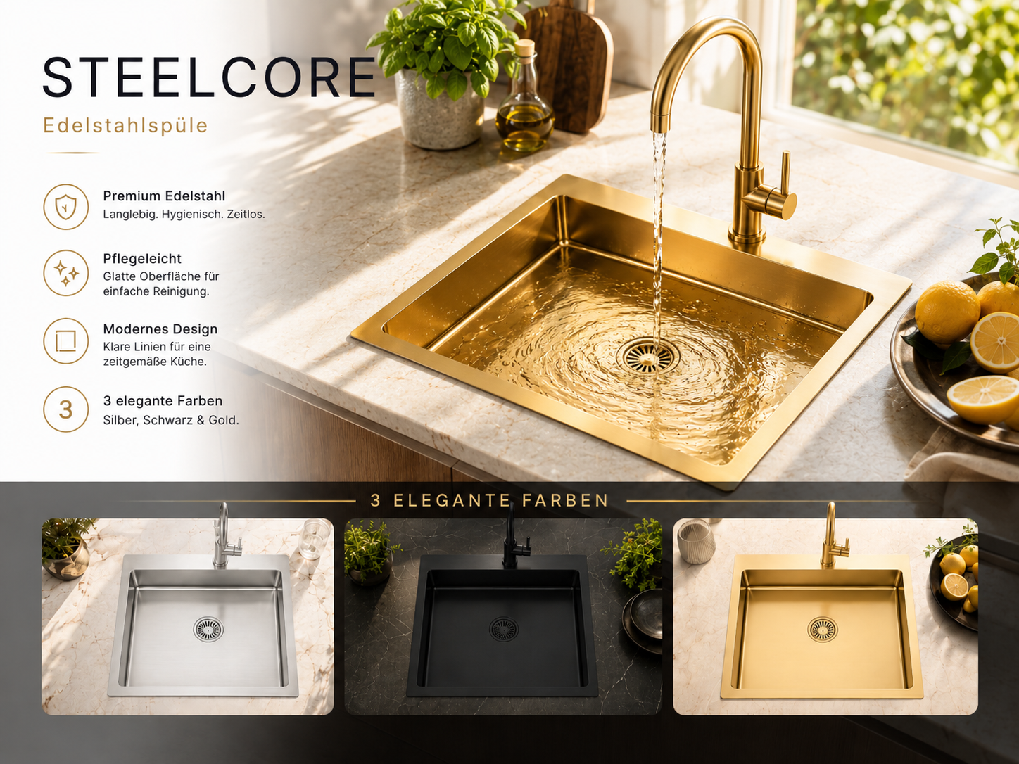 Faizee Home Steelcore Edelstahl-Einbauspüle 50,5 × 50 cm – 17 cm Tief – Reversibel mit Siphon & Geschirrspüleranschluss