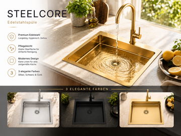 Faizee Home Steelcore Edelstahl-Einbauspüle 50,5 × 50 cm – 17 cm Tief – Reversibel mit Siphon & Geschirrspüleranschluss