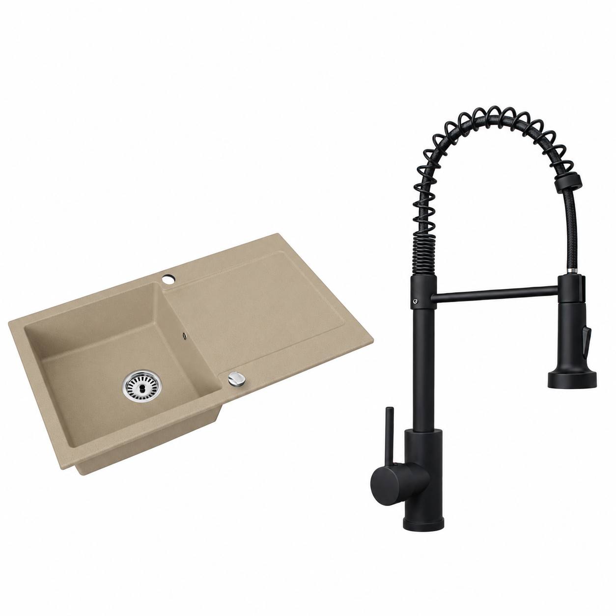 Granitspüle Element mit Abtropffläche – Einbauspüle beidseitig montierbar, inkl. Siphon Mit Armatur