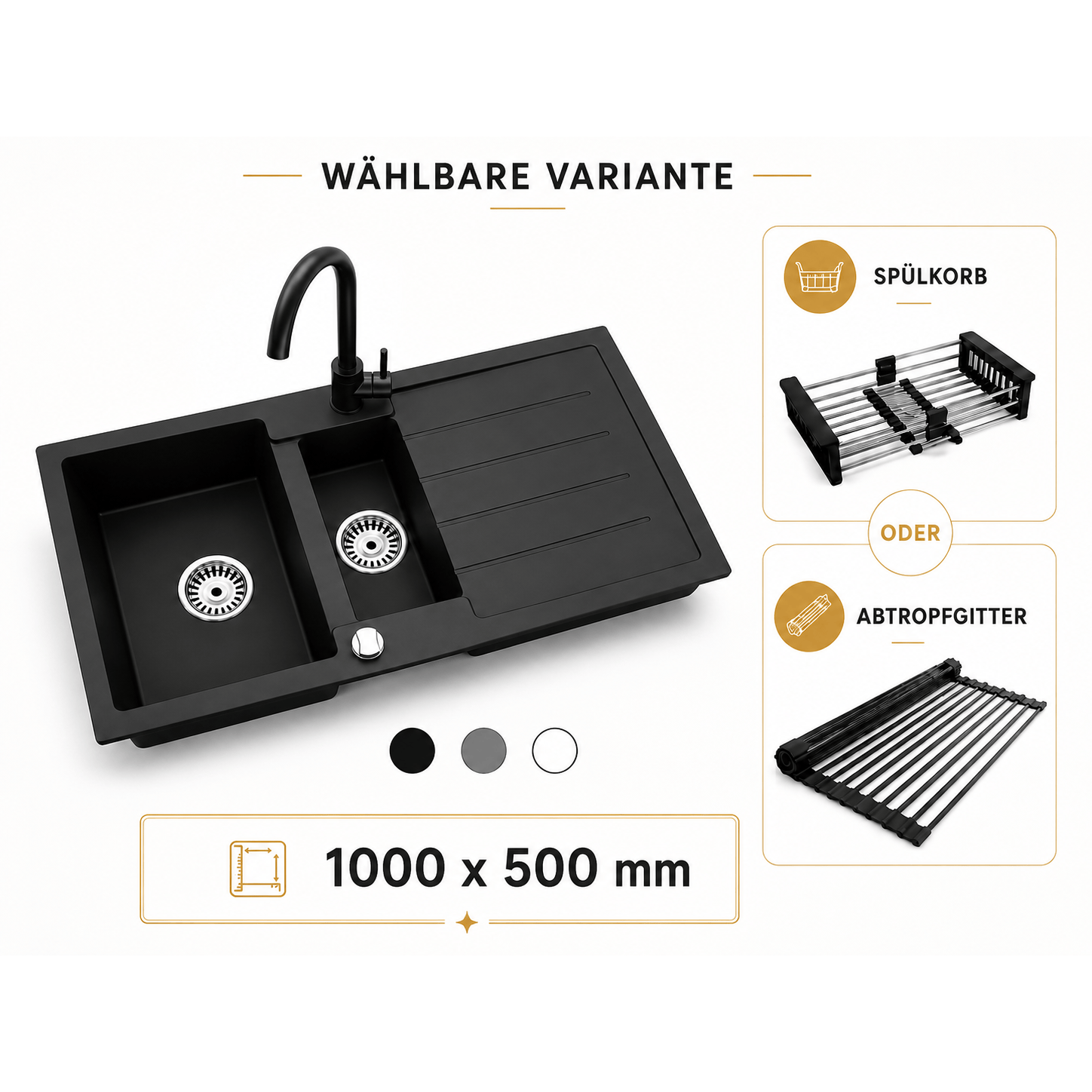 Faizee Home Granitspüle 100x50 cm Nachtschwarz inkl. Armatur Genial & Zubehör