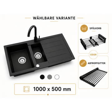 Faizee Home Granitspüle 100x50 cm Nachtschwarz inkl. Armatur Genial & Zubehör