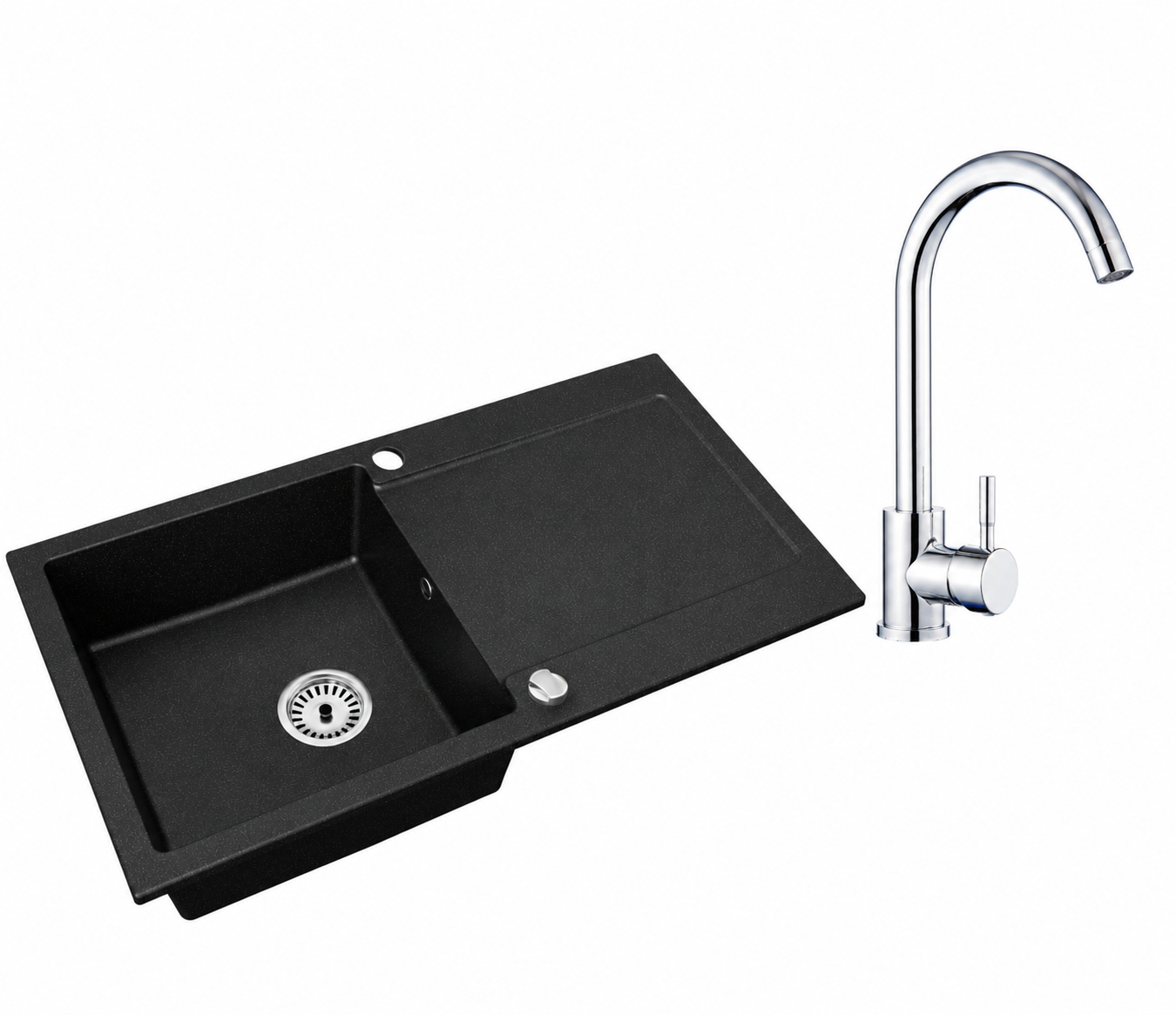 Granitspüle Element mit Abtropffläche – Einbauspüle beidseitig montierbar, inkl. Siphon Mit Armatur