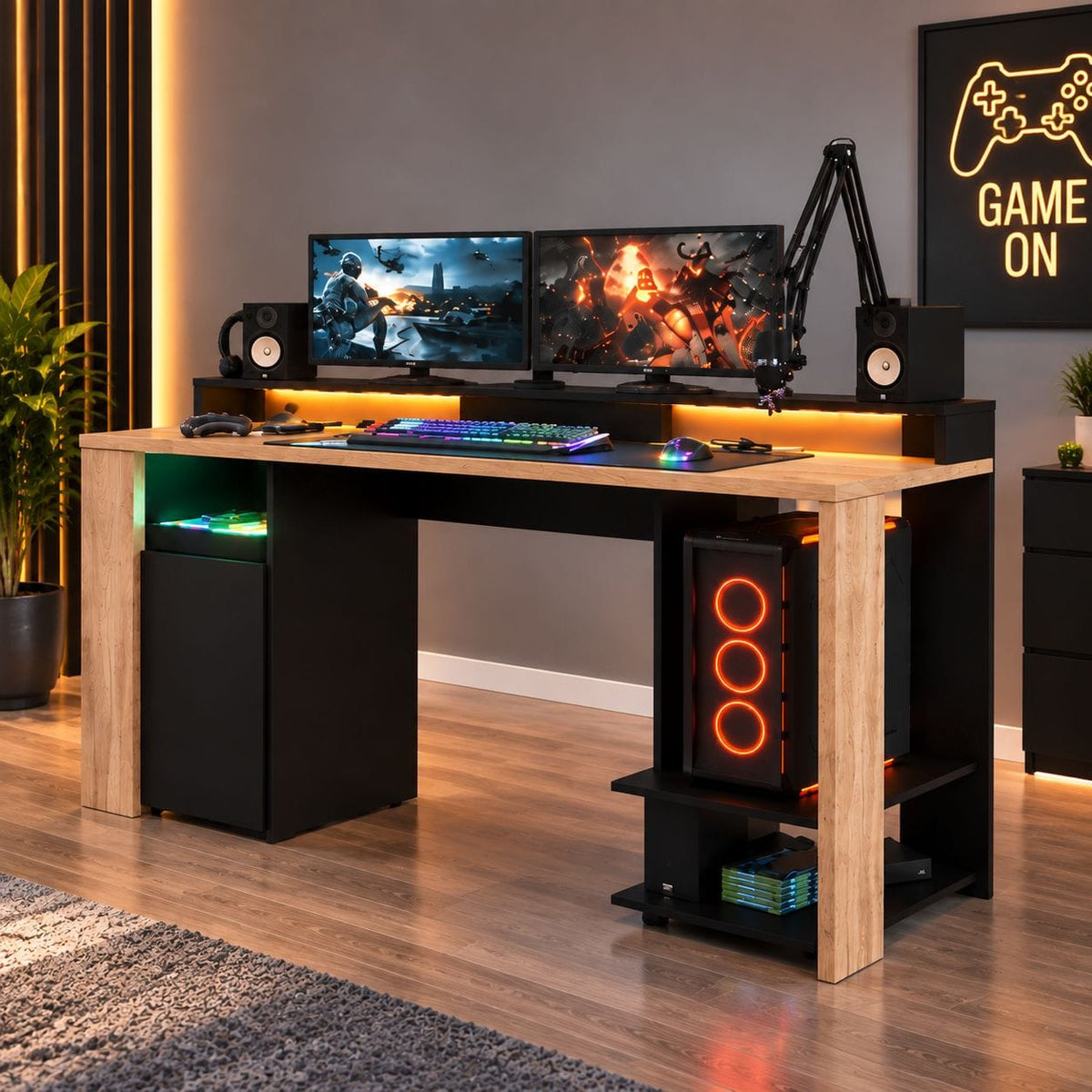 Parisot Meta 12 Gaming Set mit LED – Gaming-Schreibtisch & Regal in Schwarz/Holzoptik