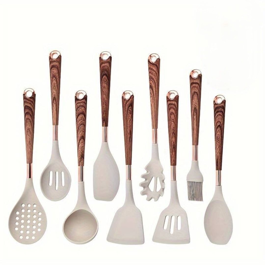 Faizee Home Silikon-Küchenhelfer-Set 10-teilig – Hitzebeständig – Holzoptik-Griffe – Vielseitiges Kochbesteck