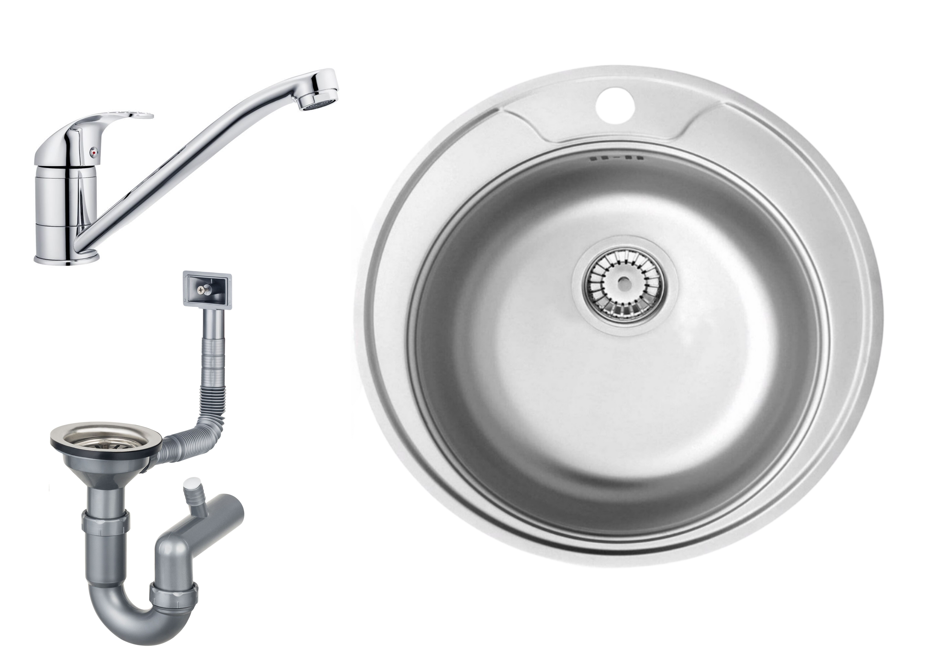 Eingebaute Edelstahlspüle in verschiedenen Größen, inklusive Siphon-Set und Armaturen