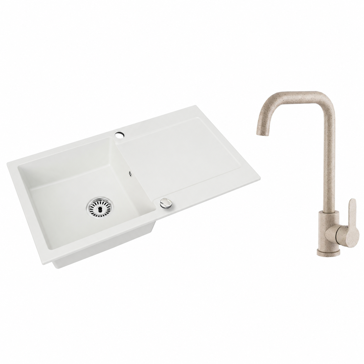 Granitspüle Element mit Abtropffläche – Einbauspüle beidseitig montierbar, inkl. Siphon Mit Armatur