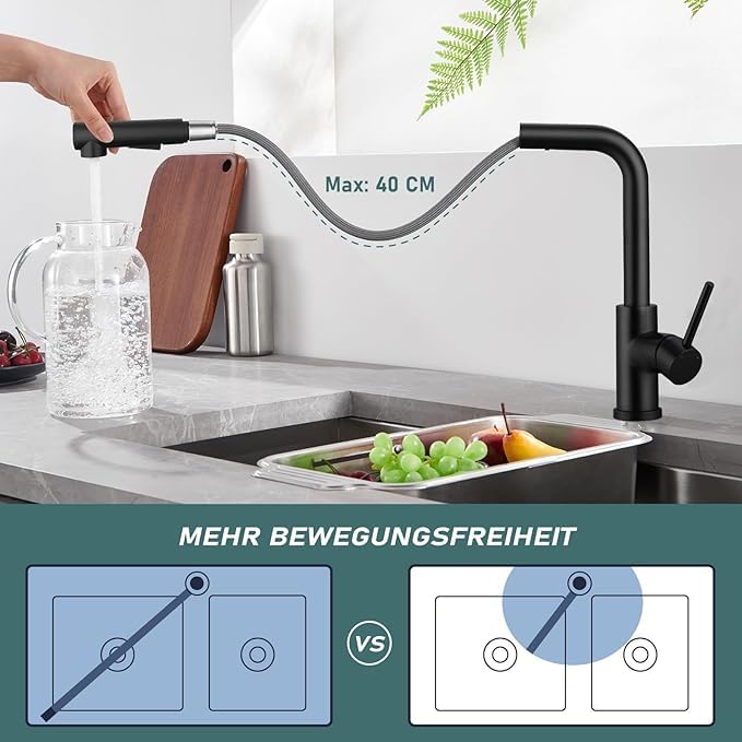 Granitspüle 100x50 cm – 1,5 Becken mit Abtropffläche beidseitig montierbar, inkl. Armatur & Siphon-Set