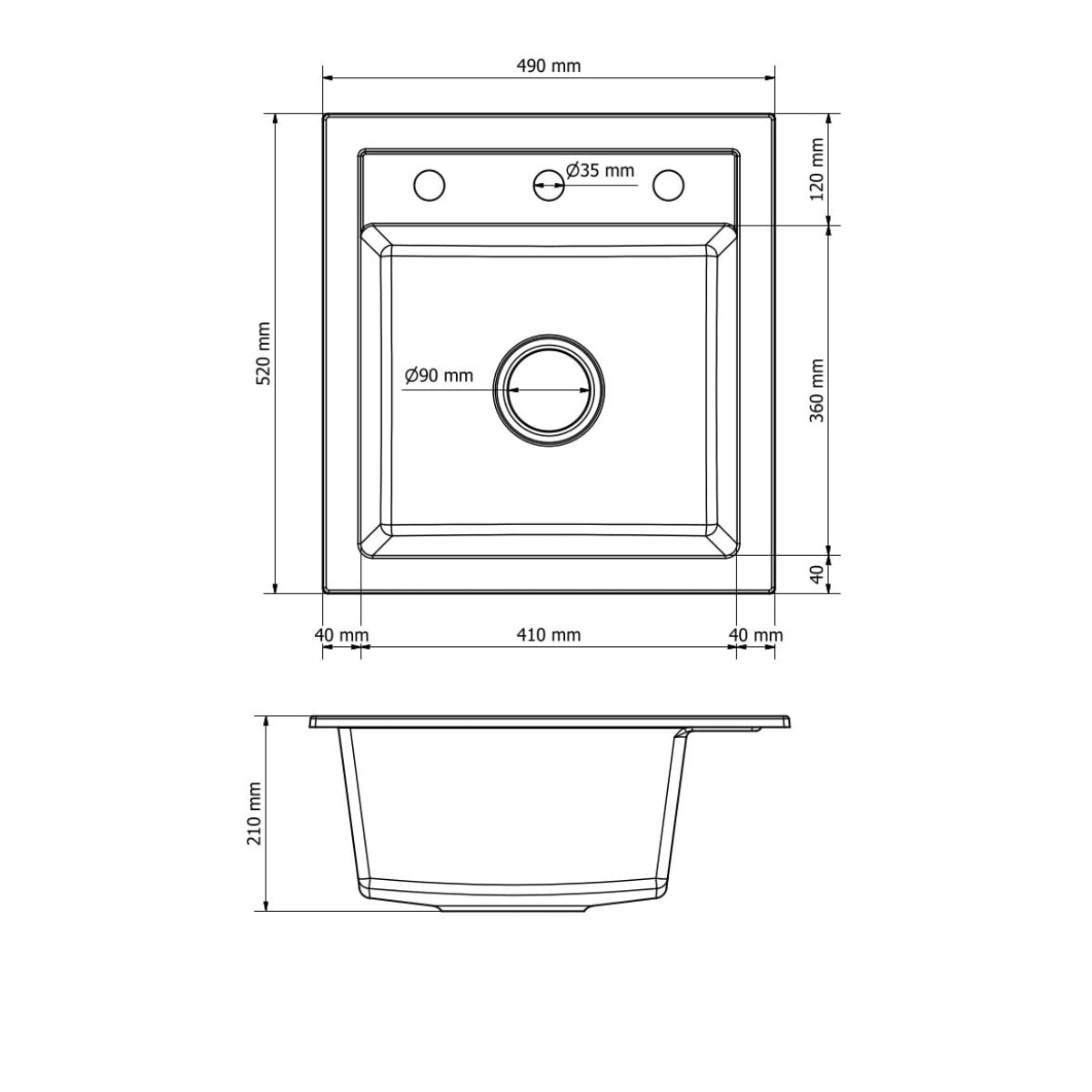 Granitspüle 49x52 cm – Milano Einbauspüle, reversibel montierbar, inkl. Siphon