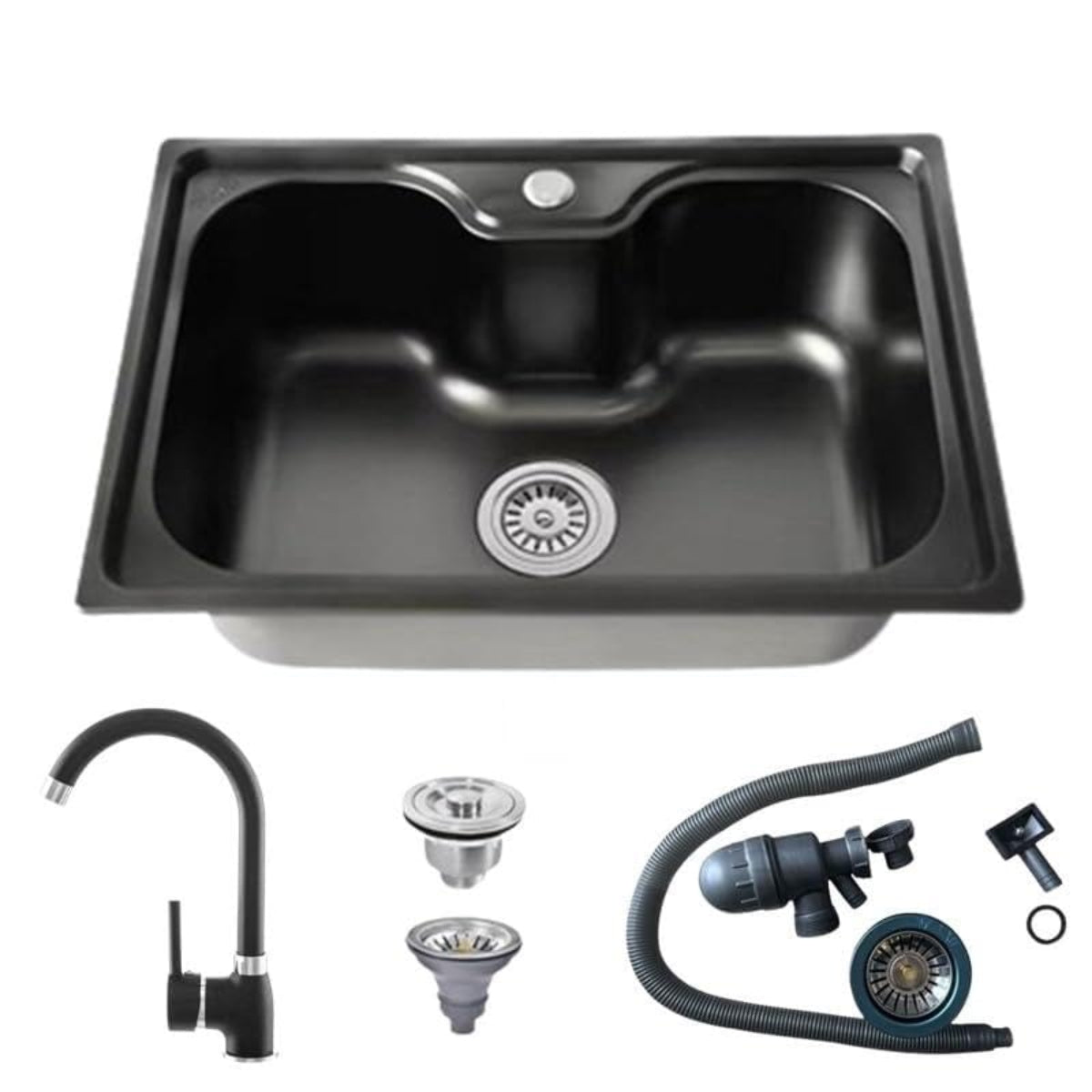 Edelstahlspüle 60x42 cm – Rechteckige Küchenspüle mit Siphon-Set In verschiedenen Farben, mit oder ohne Armatur