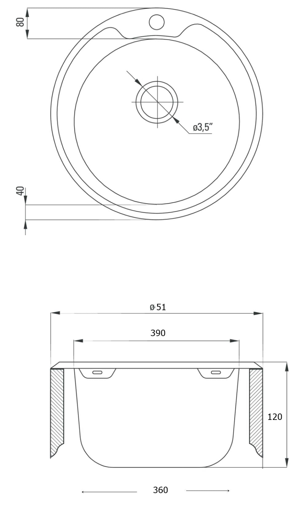 Eingebaute Edelstahlspüle in verschiedenen Größen, inklusive Siphon-Set und Armaturen
