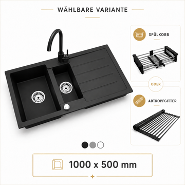 Faizee Home Granitspüle 100x50 cm Nachtschwarz inkl. Armatur Genial & Zubehör