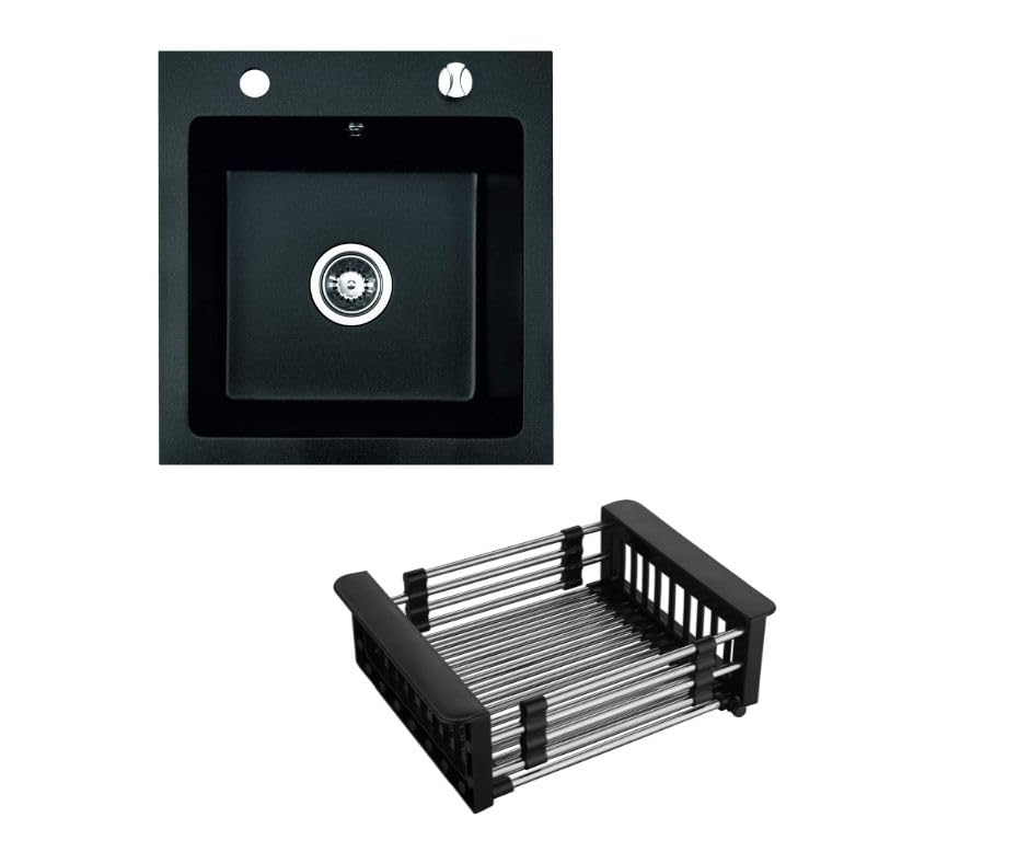 Granitspüle Milano 49×52 cm – Reversible 1-Becken Einbauspüle Inkl. Spülkorb & Siphon, Optional mit Genial Armatur