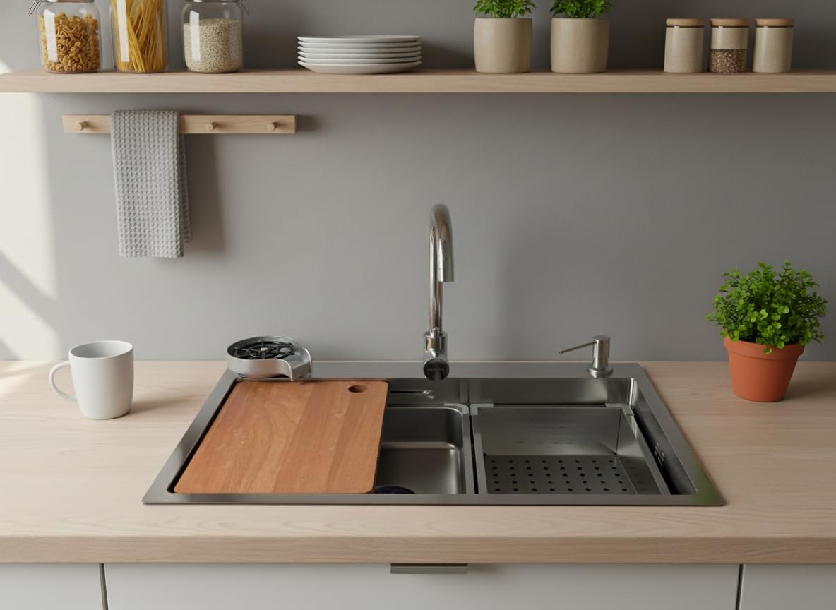 Quantum Edelstahlspüle 75×45 cm – Moderne Nano-beschichtete Küchenspüle mit Arbeitsstation & Zubehör