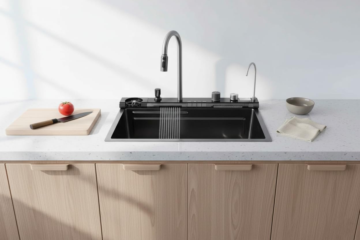 Infinity Edelstahlspüle 75x46 cm Schwarz – Küchenspüle mit Abtropffläche, Armatur mit Sprühfunktion, Glassspüler & Seifenspender | Einbauspüle Küche