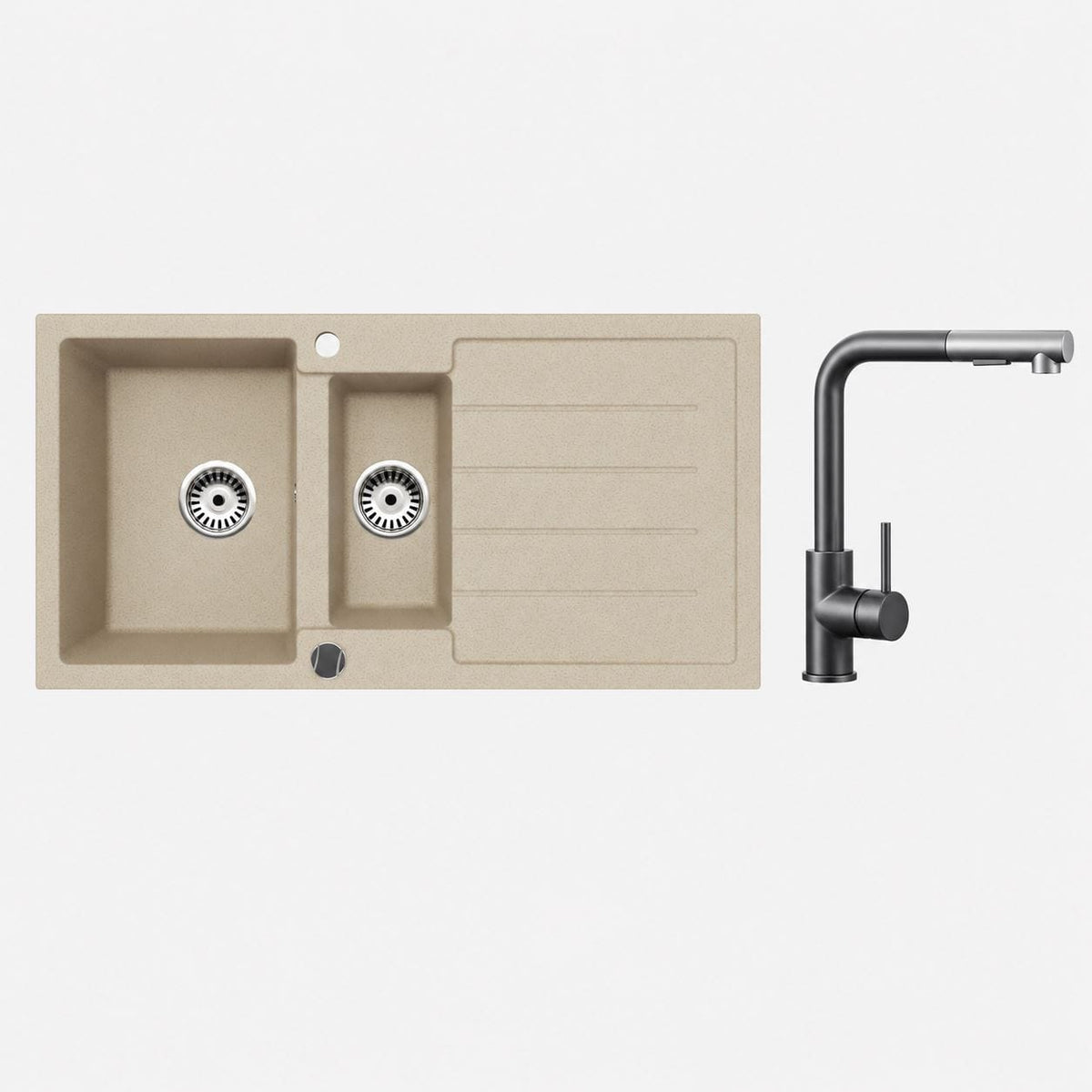 Faizee Home Granitspüle 100 × 50 cm mit 1,5 Becken – inkl. wählbarer Armatur & Siphon-Set