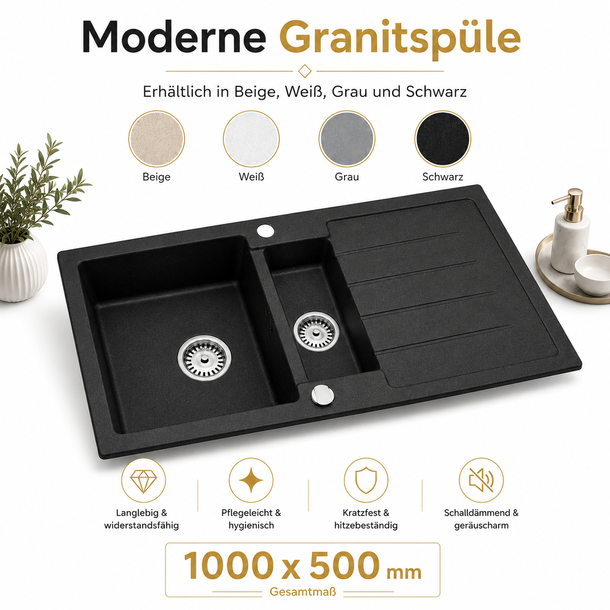 Faizee Home Granitspüle 100x50 cm Küchenspüle mit Siphon Farbwahl