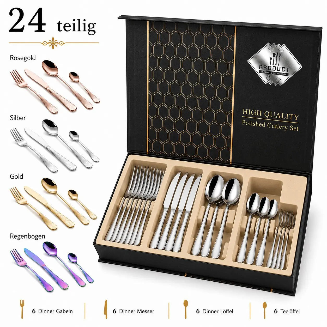 Faizee Home 24-teiliges Besteckset für 6 Personen – Edelstahl, 5 Farben & Geschenkbox