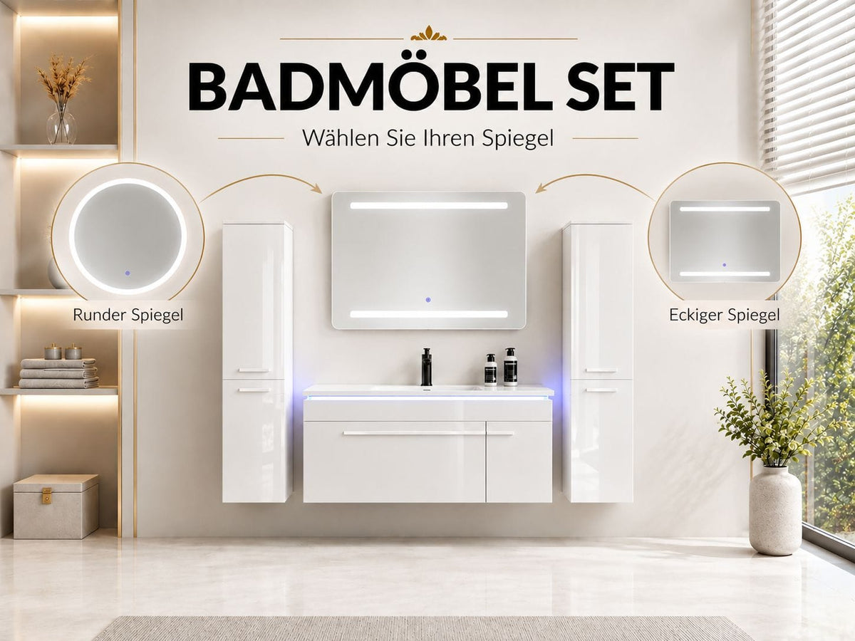Faizee Home Badmöbelset 90 cm Hochglanz inkl. Keramik-Waschbecken, LED-Spiegel & vormontiertem Unterschrank