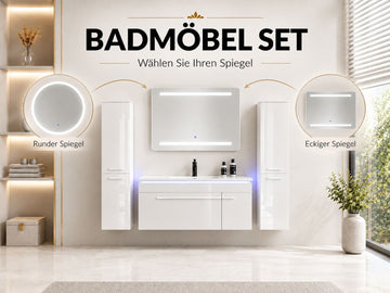 Faizee Home Badmöbelset 90 cm Hochglanz inkl. Keramik-Waschbecken, LED-Spiegel & vormontiertem Unterschrank