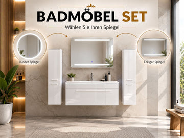 Faizee Home Badmöbelset 60 cm Hochglanz inkl. Keramik-Waschbecken, LED-Spiegel & Soft-Close