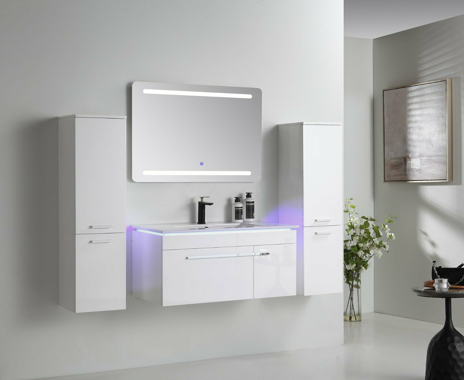 Badmöbel Set 90cm Weiß Hochglanz mit LED Spiegel