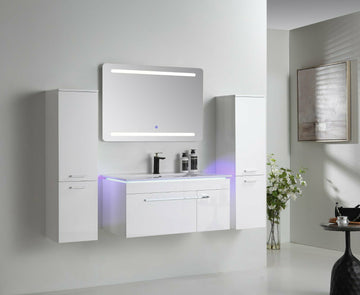 Badmöbel Set 90cm Weiß Hochglanz mit LED Spiegel