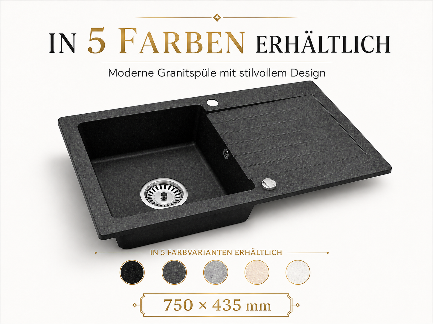 Faizee Home Alisha Granitspüle 75x44 cm – kratzfeste Einbauspüle für moderne Küchen inkl. Siphon-Set