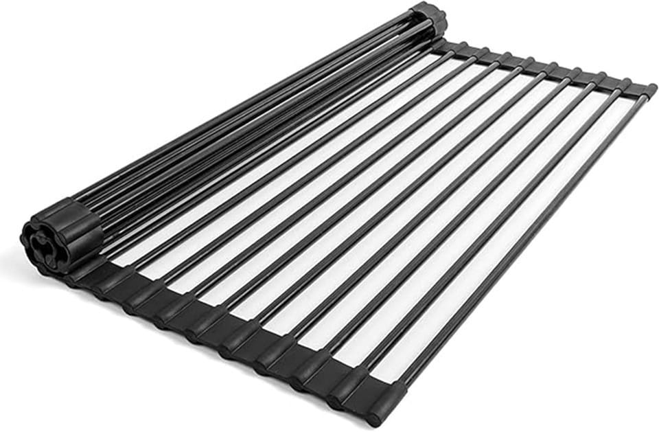 Abtropfgitter Edelstahl 46×33,5 cm – Faltbares Rollgitter für Spülbecken mit rutschfesten Silikon-Enden