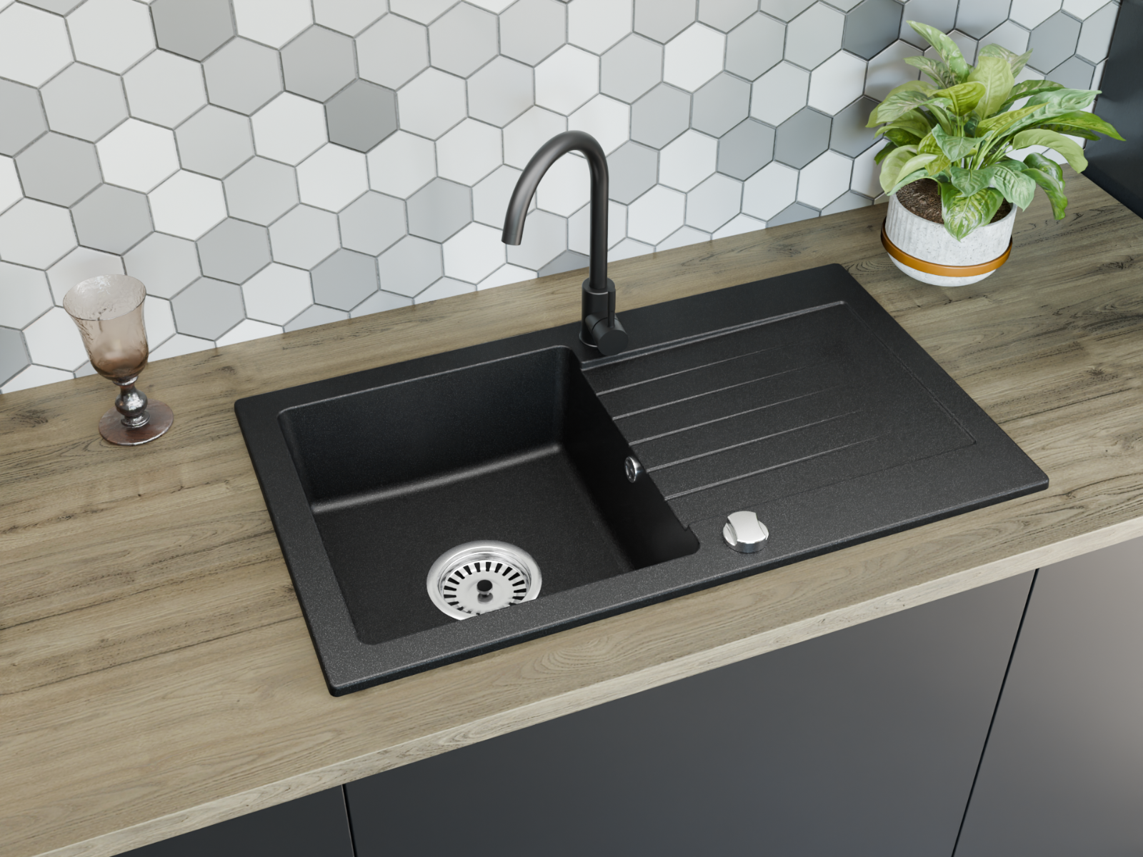 Einbau Granitspüle 76x44 cm, eckig, inkl. Siphon, ab 45 cm