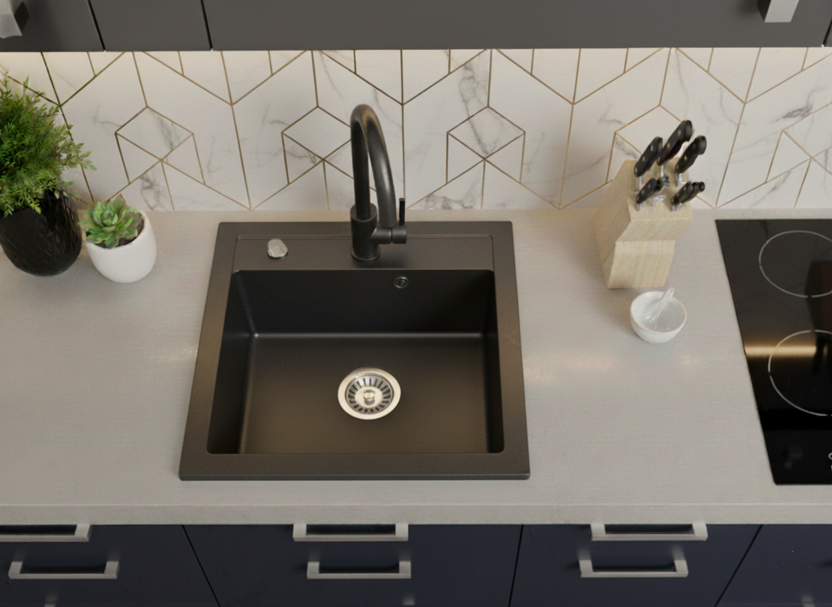 Granitspüle 48x50 mit Armatur & Siphon, ab 45 cm