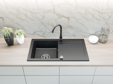 Granit Einbauspüle 76x44 Schwarz – mit Armatur & Siphon-Set