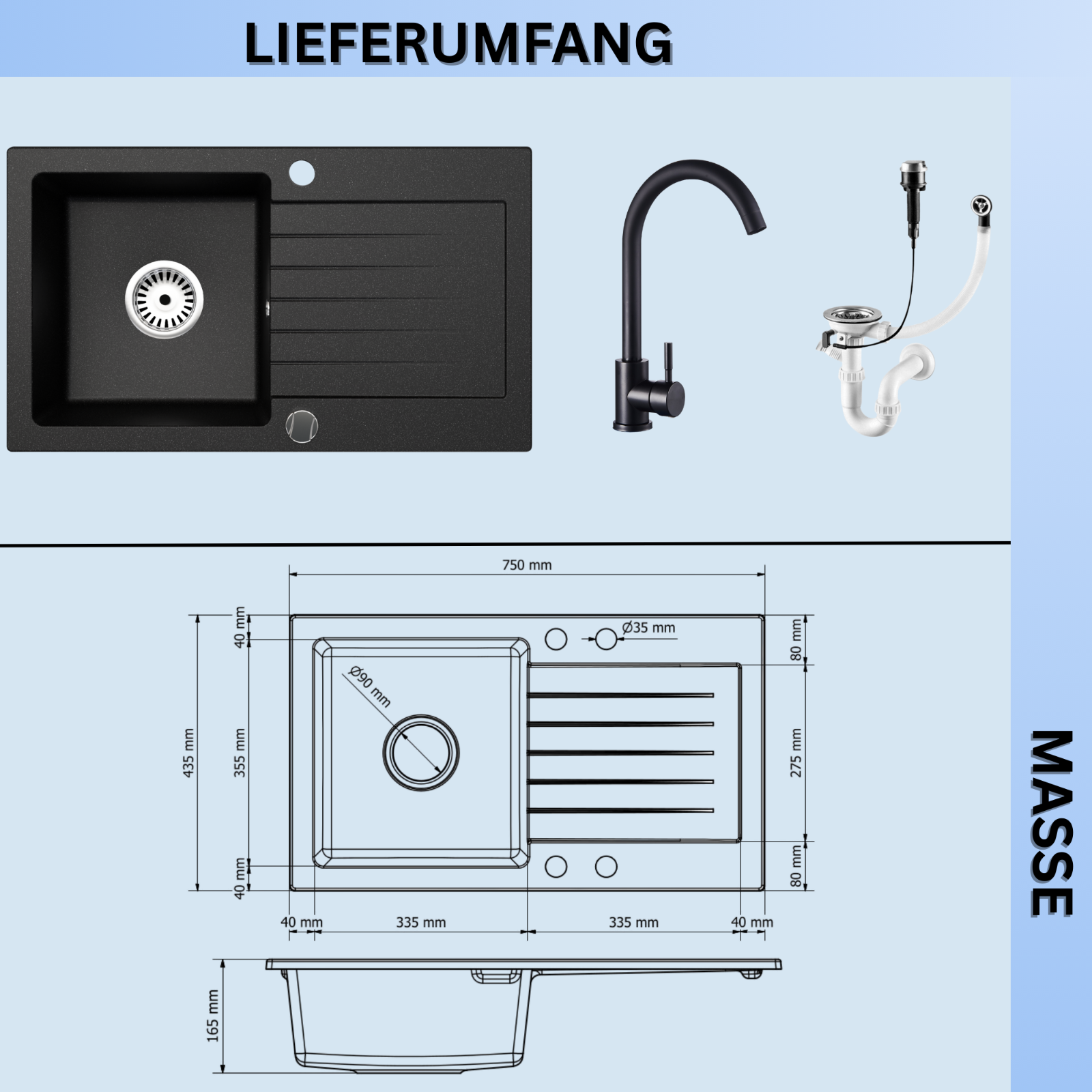 Granit Einbauspüle 76x44 Schwarz – mit Armatur & Siphon-Set